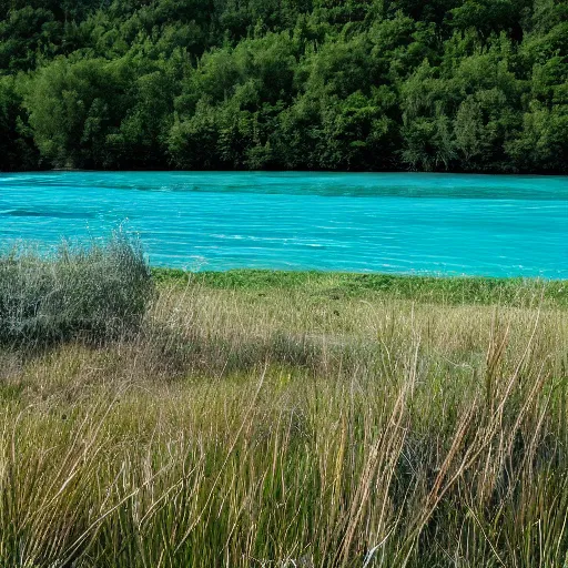 Prompt: A clear blue water river. To the sides of the river is crimson grass. A crimson fog envelops the surrounding landscape. Dreamy.