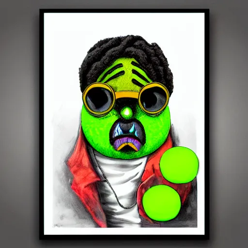 Image similar to snoop dogg tennis ball monster ,tennis ball, digital art,epic, smoking weed, Marijuana, fantasy,chalk, magic, trending on artstation, ultra detailed, professional illustration by Basil Gogos