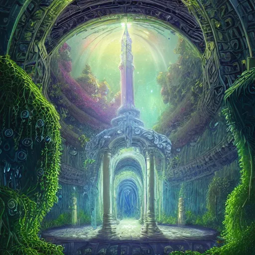 Image similar to beautiful highly detailed digital illustration of a celestial palatial garden with pillars of light towering above. by Andreas Rocha, colorful nebula in the night sky, stars, flowers and vines and creepers, establishing shot, cinematic, architecture, artstation HQ, HD, 8k resolution, featured in art magazine