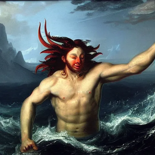 Image similar to portrait of proud and screaming Poseidon rising from the ocean, ready to fight with trident, fantasy art, by Thomas Cole, dark colors, sinister atmosphere