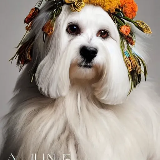 Image similar to cream - colored havanese dog wearing an ornate african necklace, a large headpiece made from flowers, soft light colored background, intriguing pose, magazine fashion photo by annie leibovitz