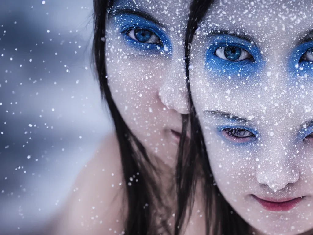 Image similar to the piercing blue eyed stare of yuki onna, snowstorm, blizzard, mountain snow, canon eos r 6, bokeh, outline glow, asymmetric unnatural beauty, gentle smile, blue skin, centered, rule of thirds
