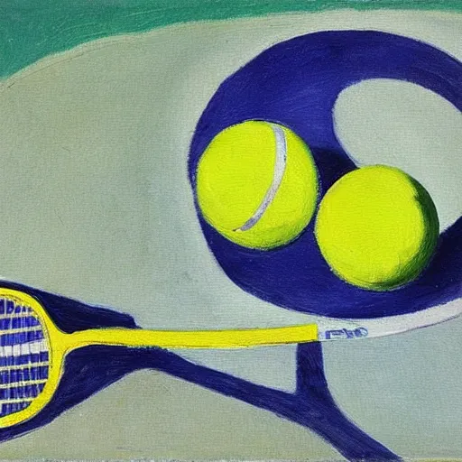 Prompt: a tennis racket and tennis ball sitting in the sun by Matisse, oil painting