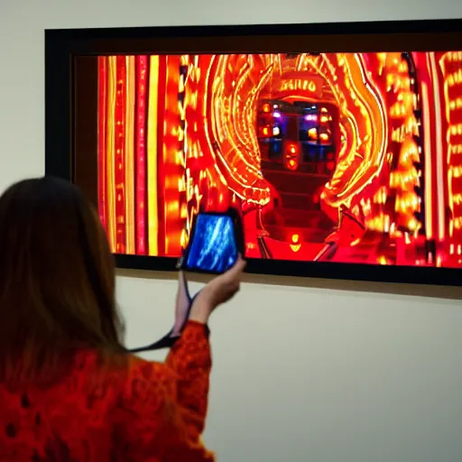 Image similar to art curator looking at a screen with a painting of virtualboy, recursive, on stage in the middle of a fashion show in the style of grand chamaco and stanley kubrick, inspired by juana molina, photorealistic, epic, super technical, cinematic still