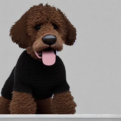 Image similar to a closeup photorealistic photograph of a cute smiling knitted bernedoodle judge dog dressed in a black gown, presiding over the courthouse. indoors, professional capture, well lit shot. this 4 k hd image is trending on artstation, featured on behance, well - rendered, extra crisp, features intricate detail, epic composition and the style of unreal engine.