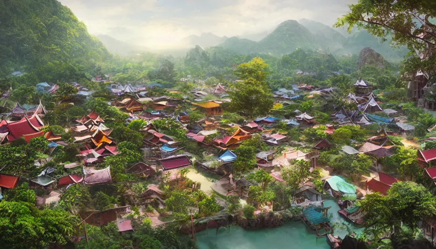 Prompt: matte painting of a beautiful thai village, digital art, trending on artstation