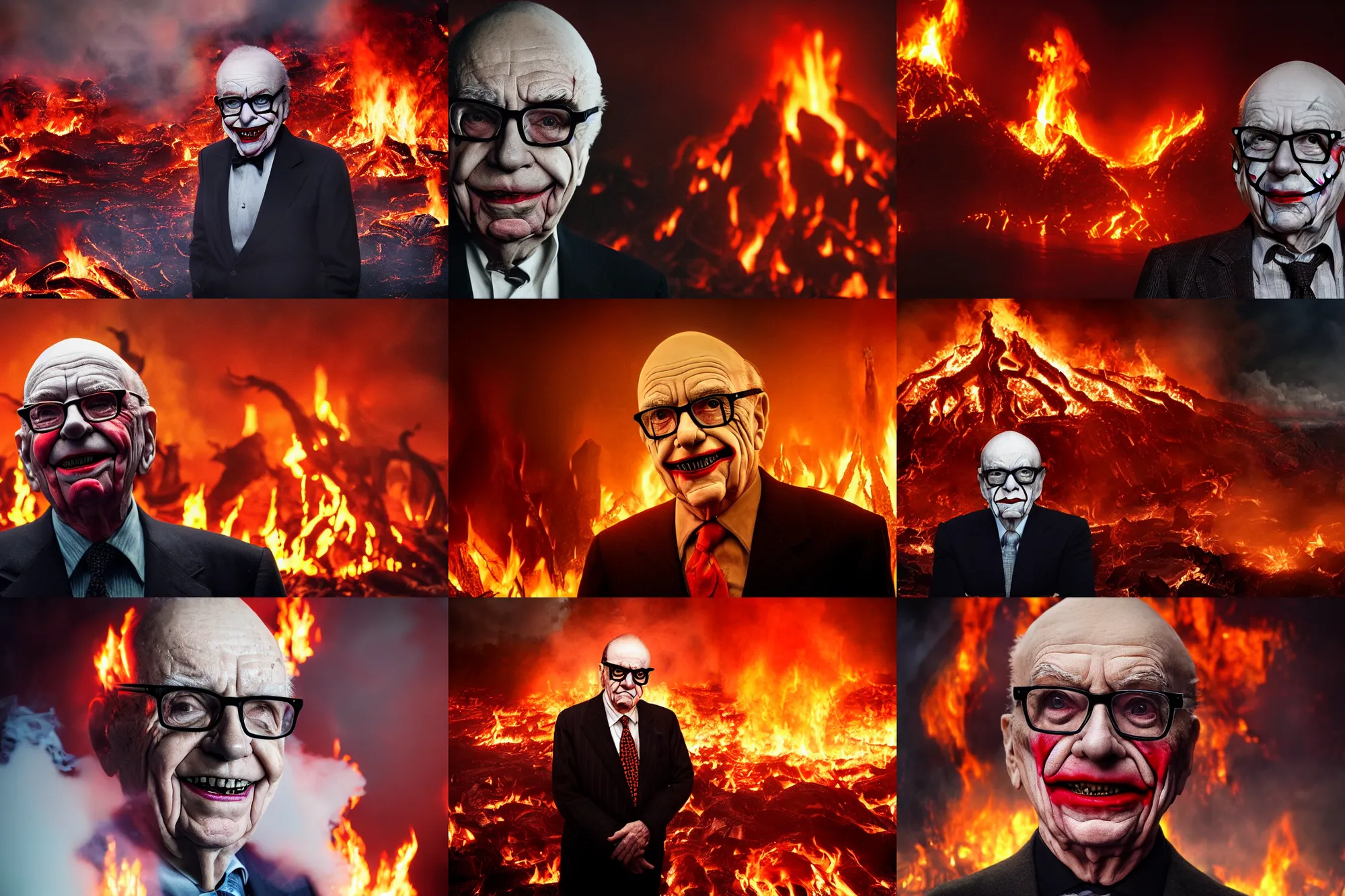 Prompt: Rupert Murdoch as the Joker with horns wearing glasses, standing in hell surrounded by fire and flames and lava and brimstone and his demonic army, volumetric fog, portrait photography, depth of field, bokeh