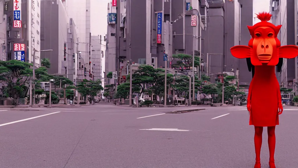 Prompt: a woman in a red dress wearing a red baboon mask standing alone on an empty street in downtown Tokyo , film still from the an anime directed by Katsuhiro Otomo with art direction by Salvador Dalí, wide lens