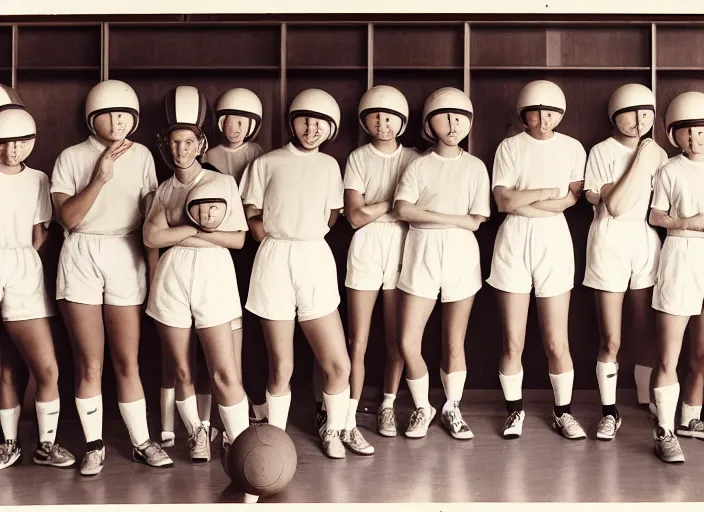 Prompt: realistic documentary photo of a a group of athletic students wearing white feather shorts, wearing wooden spherical helmets made of wood, standing in a big physics science classroom 1 9 9 0, life magazine reportage photo, neutral colors, neutral lighting