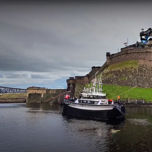 Image similar to fishing boat crashed into edinburgh castle, 4k, very very very highly detailed, hyper realistic realistic