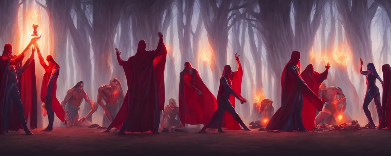 Prompt: cult members performing a ritual in capes by magali villeneuve, artgerm, greg rutkowski, digital art, sharp focus, award winning, intrecate details, 4 k,