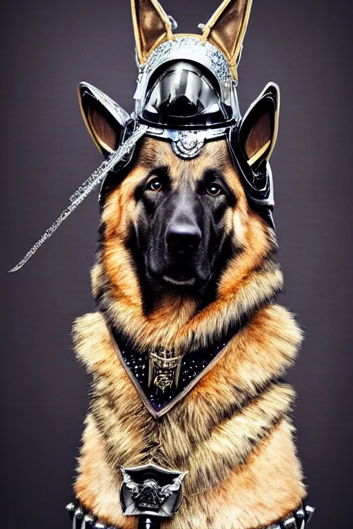 Image similar to donald trump knight wearing a real german shepherd on his head, armor designed by wayne barlowe, swarovski and tiffany, blonde hair, symmetry, sci - fi, cinematic, elegant, luxury, perfect light, perfect composition, dlsr photography, sharp focus, dark fantasy, 8 k, ultra hd, sense of awe, highly detailed, realistic, intricate