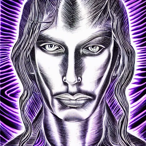 Prompt: an alex grey drawing, micron pen, black ink, a portal to another dimension, purple, portrait