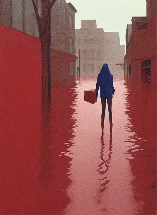 Image similar to woman in VR helmet made of paper bag, dressed in transparent red plastic bags, on flooded street Edward Hopper and James Gilleard, Zdzislaw Beksinski, highly detailed