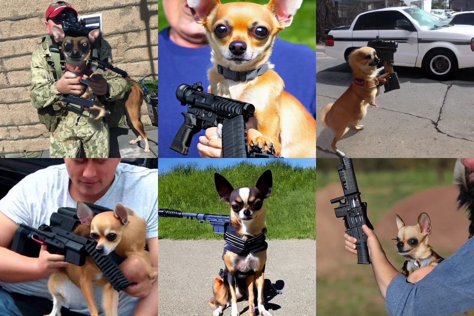 Prompt: chihuahua dog. holding an ar - 1 5, aiming