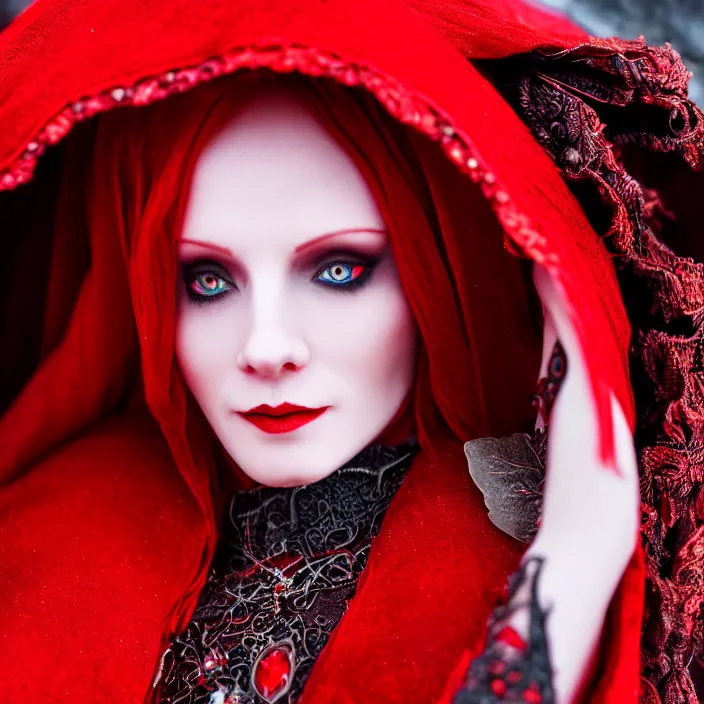 Image similar to photograph of a real-life beautiful red witch with intricate cloak. Extremely detailed. 8k