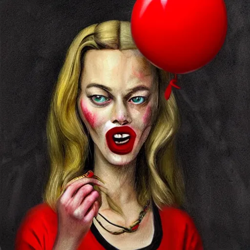 Image similar to surrealism grunge cartoon portrait sketch of margot robbie with a wide smile and a red balloon by - michael karcz, loony toons style, mona lisa style, horror theme, detailed, elegant, intricate