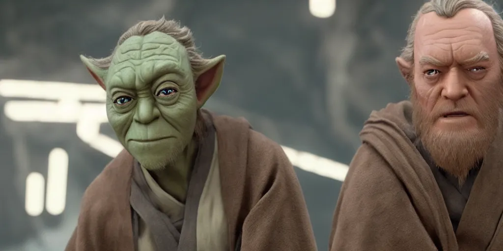 Prompt: obi - wan kenobi disney plus show season 2, jedi master yoda puppet from 1 9 8 0 s empire strikes back, hanging out with old mace windu on dagobah played samuel l jackson ultra realistic faces, 4 k, movie still, uhd, sharp, detailed, cinematic, render, modern