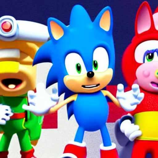 Image similar to sonic, peppa pig and the paw patrol crossover episode, cartoon network stillframe, good looking, hd, 4 k, hdr, smooth, sharp focus, high resolution, award - winning