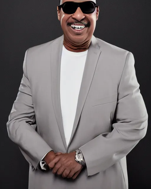 Prompt: Fully-clothed full-body portrait of Stevie Wonder, XF IQ4, 50mm, F1.4, studio lighting, black background, professional, 8K