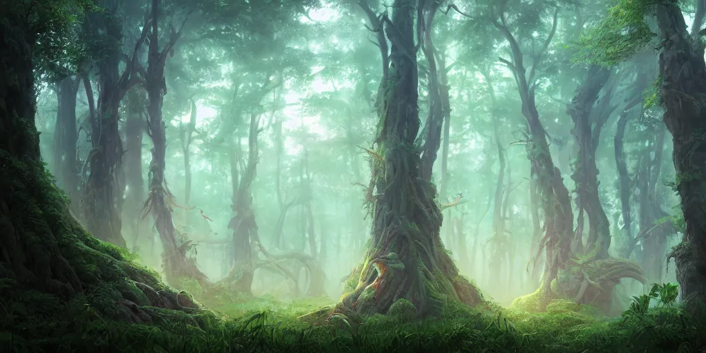 Prompt: A highly detailed matte oil painting of an alien forest, hyperrealistic, cinematic, breathtaking, beautiful composition, Mokoto Shinkai, Studio Ghibli, Artgerm, Dan Mumford, rossdraws, James Jean, beeple, volumetric lighting, octane render, 4K resolution, trending on artstation