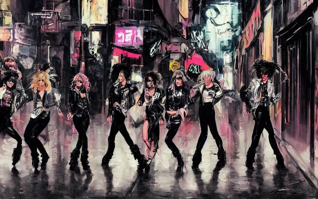 Prompt: concept art, glam rockers dressed as hooligans and whores, walking down a wet helsinki street at night, in the style of syd mead and liam wong