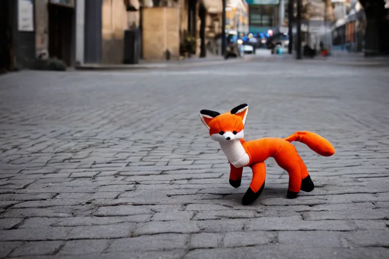 Image similar to A fabric stuffed animal toy fox plushie wagging its tail rapidly while sitting on the sidewalk, dynamic, motion blur, 1/4 shutter speed, award winning photography