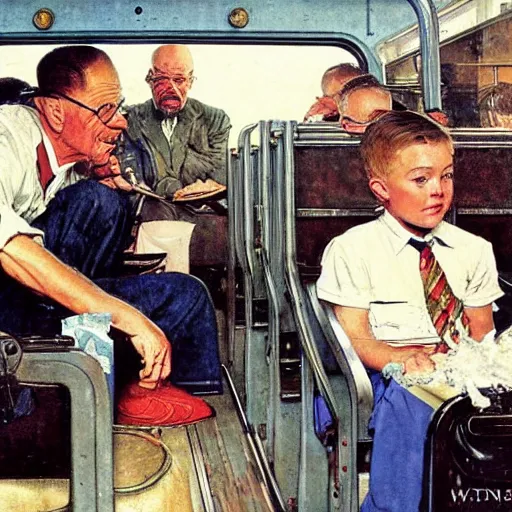 Prompt: Walter white driving a school bus full of Water Whites, Norman Rockwell