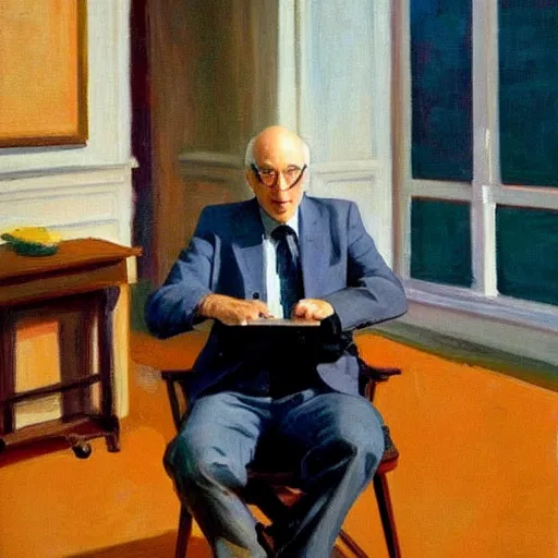 Image similar to larry david sitting on a bagel chair, edward hopper painting