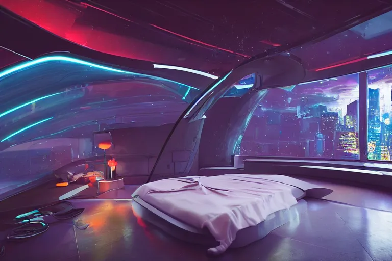 Image similar to a futuristic bedroom with large curved ceiling high windows looking out to a far future cyberpunk cityscape, cyberpunk neon lights, raining, scifi