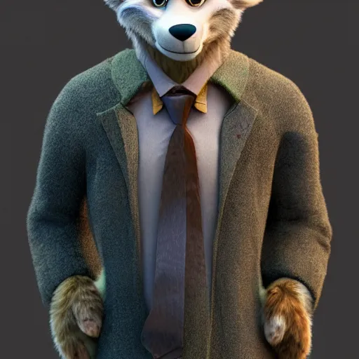 Prompt: portrait, 3d render , anthropomorphic wolf male , wearing a torn knee length jacket , in the style of Zootopia