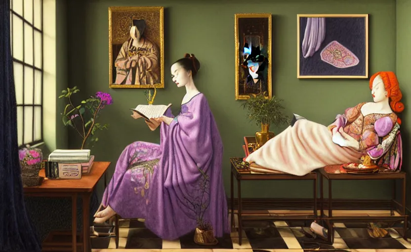 Prompt: a pastel drawing of a woman wizard, ornate clothing, lounging on a purpur pillow on the marbled checkered floor in her study room reading an ancient tome. to the side is a potted plant, moody candlelit raytracing. ancient scifi fantasy setting. detailed face, sharp focus. by chie yoshii and vermeer