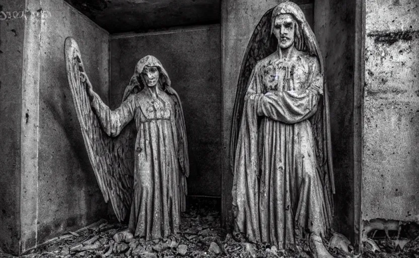 Prompt: several decrepit creepy statues of the archangel gabriel, strewn about in a dark claustrophobic old sewer, realistic, security camera footage, wide shot, sinister, foreboding, grainy photo