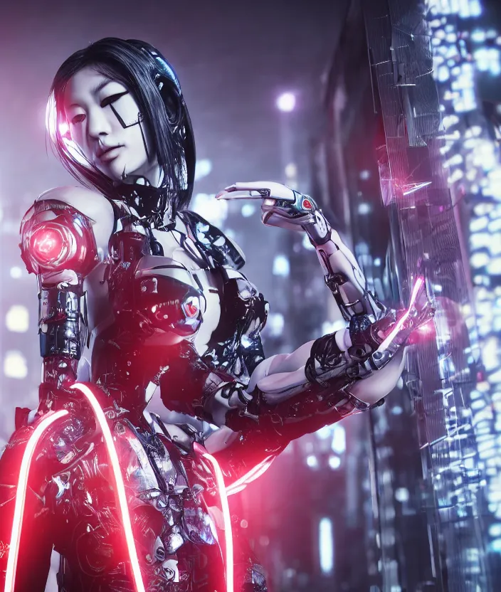 Prompt: japanese model cyborg with digital led skin, neon lighting, techno neon projector background, portrait photo, intricate details, ultra realistic, unreal engine 5, depth of field, bokeh, octane render, 8 k hd