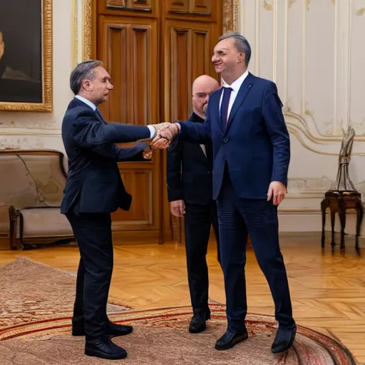 Image similar to Viktor Orban handshake to Andrew Tate, Hyperrealistic, 8k UHG,