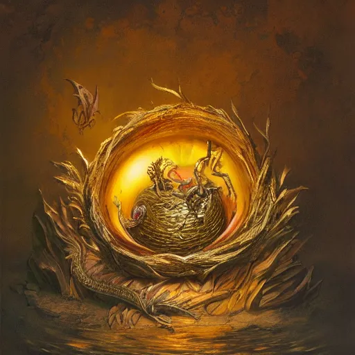 Image similar to long shot of a dragon nesting in a golden metal nest, by esao andrews, by m. w. kaluta, harmonic composition, volumetric light, fresh colors, ultra humorous oil painting, realistic reflections, floral background, smooth, concept art, depth perception, high depth of field, 4 k, unreal engine 5, ultradetailed, hyperrealistic, trending on artstation