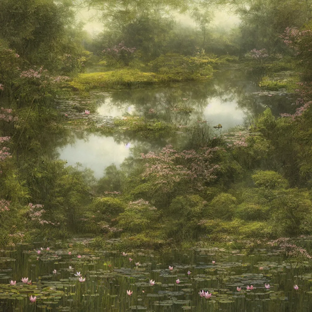 Prompt: a mirror like pond, by alan lee, springtime flowers and foliage in full bloom, lotus flowers on the water, dark foggy forest background, sunlight filtering through the trees, digital art, art station