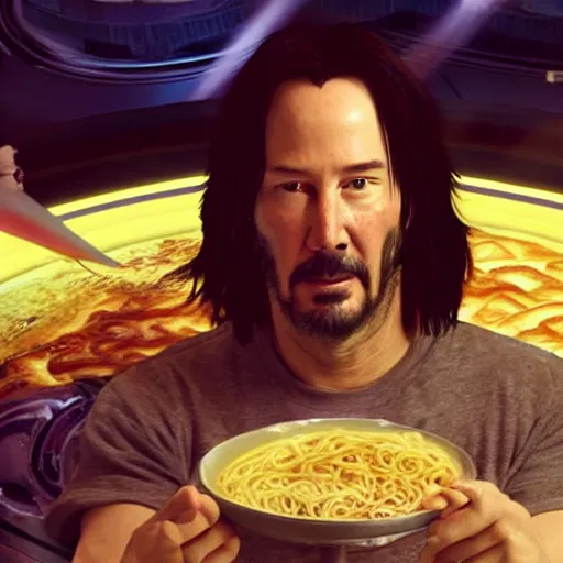 Prompt: keanu reeves in space eat ramen, full hd, octane render, unreal engine 5, ultra realistic