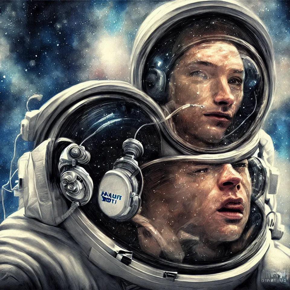 Prompt: portrait of an astronaut wearing head phones by ben templesmith, portrait, cinematic, epic composition, digital painting, digital art, masterpiece