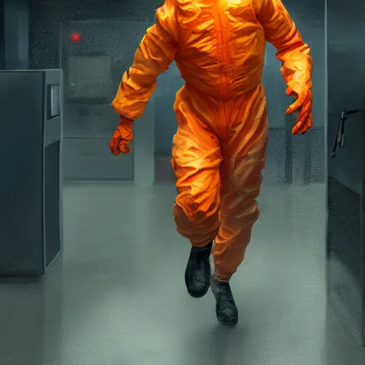 Image similar to commission of a man in an orange hazmat suit running from a mutant in a laboratory ,character design by charles bowater,greg rutkowski,ross tran,hyperdetailed,hyperrealistic,4k,deviantart,artstation,professional photography,concept art