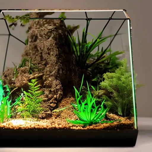 Prompt: a terrarium with nuclear reaction having meltdown diorama inside on top of a minimalist table, lit from the side