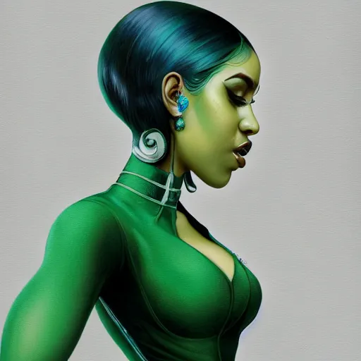 Image similar to full figure ultra realistic illustration, cardi b as the riddler, intricate, elegant, highly detailed, digital painting, artstation, concept art, smooth, sharp focus, illustration, art by artgerm and greg rutkowski and alphonse mucha