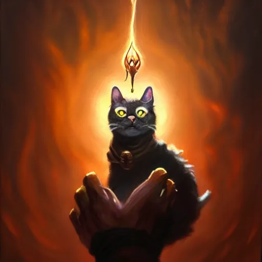 Image similar to Oil Painting of Cat, Anthropomorphized, casting evil spell, magic the gathering artwork, horror, D&D, fantasy, cinematic lighting, centered, symmetrical, highly detailed, digital painting, artstation, concept art, smooth, sharp focus, illustration, volumetric lighting, epic Composition, 8k, art by Akihiko Yoshida and Greg Rutkowski and Craig Mullins, oil painting, cgsociety