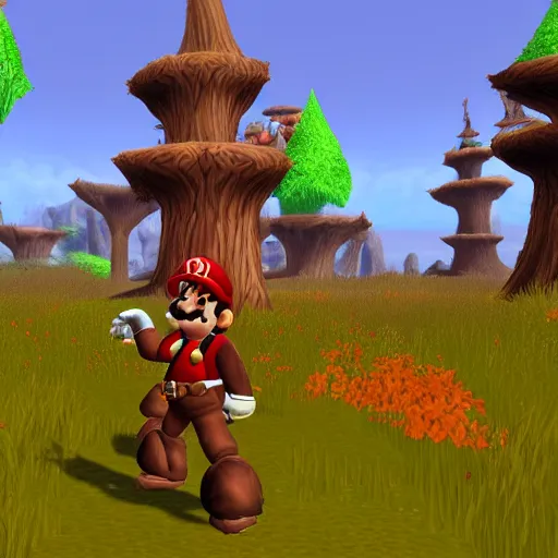 Image similar to Mario walking on the World of Warcraft Elwynn Forest, pc monitor screen image