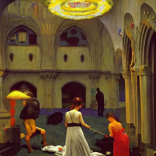 Image similar to a medieval battle in mumbai, hyperrealistic film still by edward hopper, by gottfried helnwein, by klimt, art nouveau, highly detailed, strong lights, liminal, eerie, metaphysical, bright pastel colors,