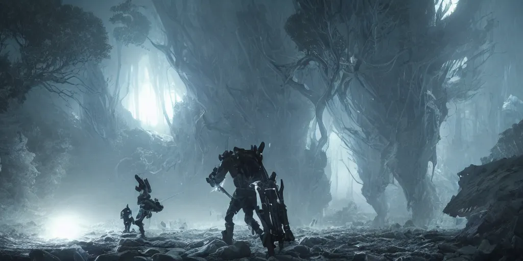 Image similar to a hunter in combat wooden exoskeleton with chrome details walks between the roots. hunting for monster. realism in style of fornite game. bio luminescent, plasma, ice, water, wind, creature, artwork by tooth wu and wlop and beeple and greg rutkowski, epic cinematic shot, perfectly defined features, ambient occlusion