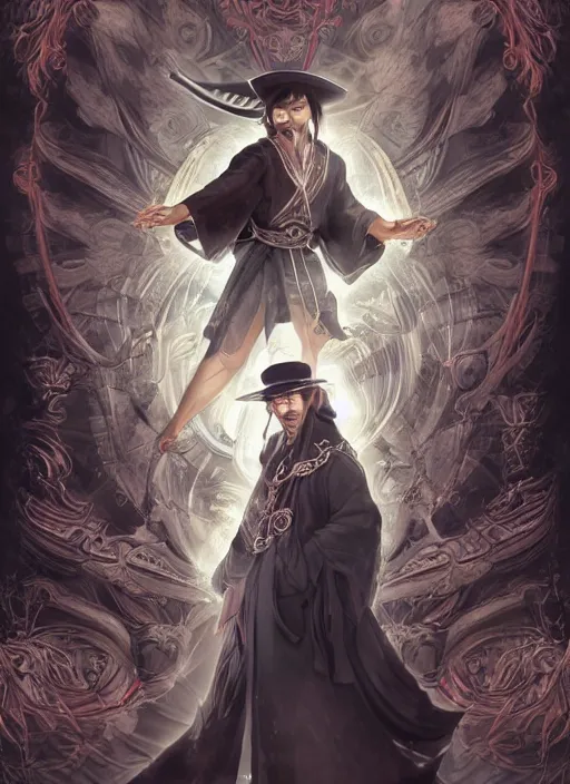 Prompt: a highly detailed illustration of mustached japanese man as wizard wearing ornate black robe and mage hat, dramatic floating pose, with divine guardian angel floating behind him, perfect face, intricate, elegant, highly detailed, centered, digital painting, artstation, concept art, smooth, sharp focus, league of legends concept art, WLOP