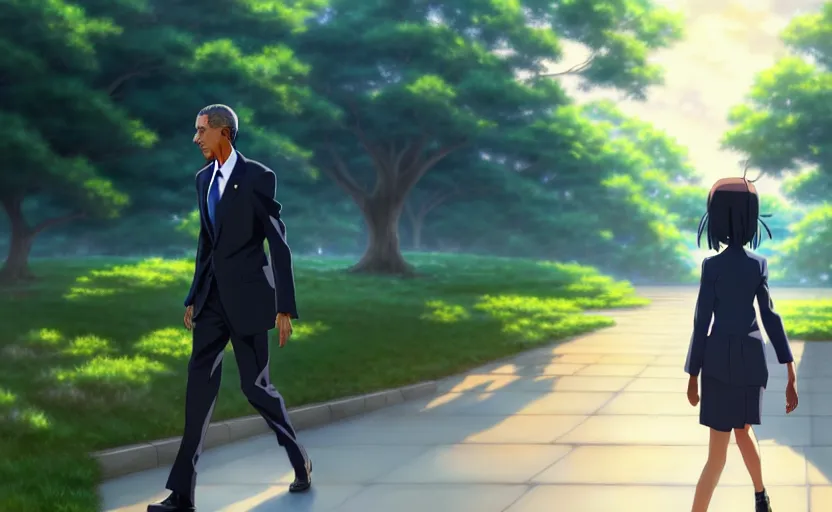 Image similar to beautiful makoto shinkai anime style digital painting portrait of barack obama at the white house walking away from michelle obama, heartbroken, 4 k, 8 k, hd, high resolution, highly detailed, intricate detail, ultra realistic faces, digital art, trending on artstation, your name, weathering with you