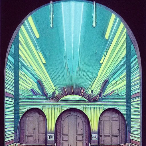 Prompt: art deco interior with arched windows, neon lighting, hanging plants, cinematic, cyberpunk, lofi, calming, peaceful, vaporwave, very very detailed, dramatic, fantasy, by Moebius, by zdzisław beksiński, Fantasy LUT, epic composition,