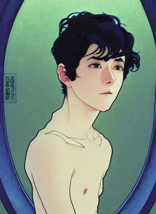 Image similar to handsome young man with short black hair, male, dressed in blue, looking down, half body shot, arms down, path traced, highly detailed, high quality, digital painting, by studio ghibli and alphonse mucha, leesha hannigan, hidari, art nouveau, chiho aoshima, posuka demizu, atey ghailan